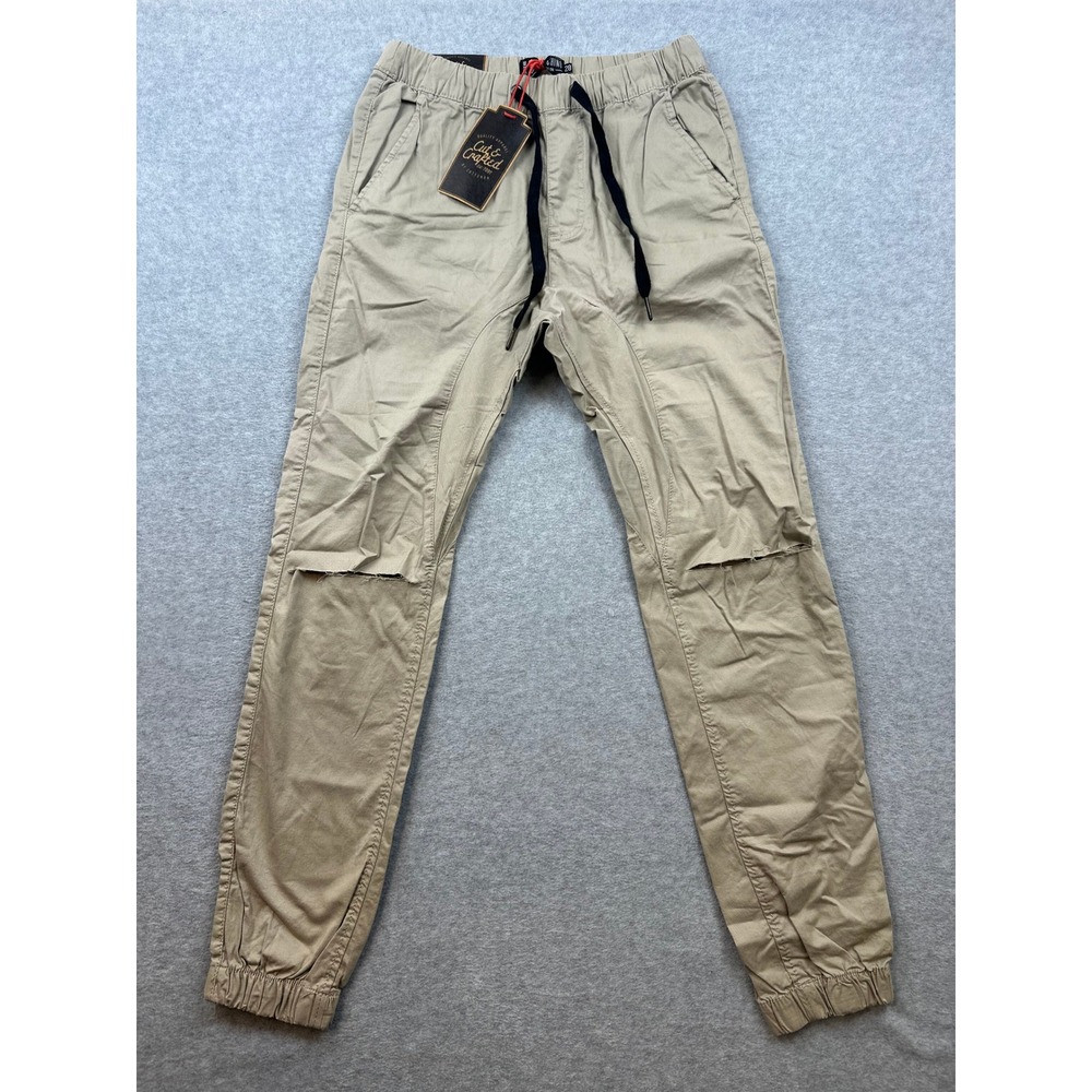 Cotton On Cut & Crafted Cuffed Chino Joggers Tan Khaki Distressed Mens 28